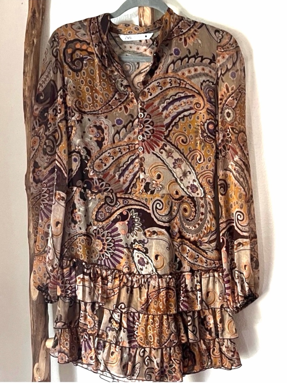 Zara Brown Orange Purple Sheer Long Sleeve Paisley Ruffle Skirt Mini Dress Med
